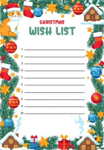 Christmas Wish List Template Festive Design with Santa Cat, Gingerbread Houses, Stockings, and Gift Icons
