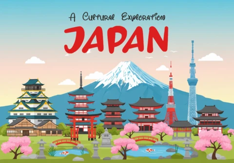 Explora Japón: cartel del monte Fuji, cerezos en flor y íconos culturales en una serena composición ilustrada.
