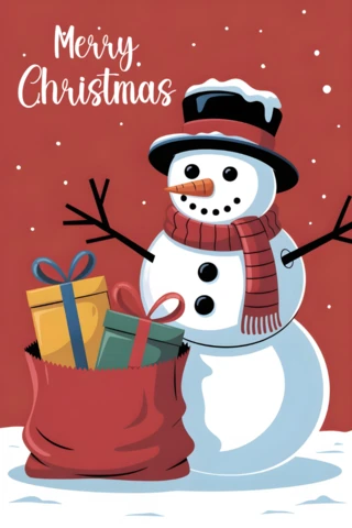 Tarjeta de felicitación navideña con muñeco de nieve, saco de regalos, copos de nieve y fondo rojo en un diseño festivo.