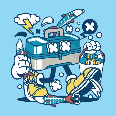 Fishing Box Cartoon Character T-shirt Design Template