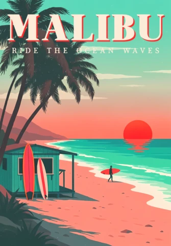 Modèle de design rétro de plage pour vêtements et marchandises de surf
