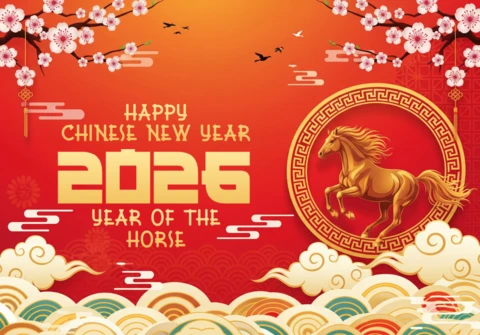 Póster del año nuevo chino 2026, año del caballo con caballo dorado, flores de cerezo y pájaros voladores.