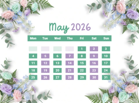May 2026 Nature Calendar Poster - Decorative Pastel Flowers and Green Leaves with Monthly Grid