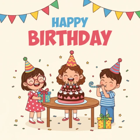 Feliz aniversário cartaz crianças celebração com balões, bolo, presentes e tema de festa alegre