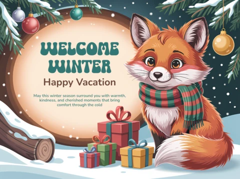 Winter Fox Design Template for Holiday Greeting Cards with Gifts