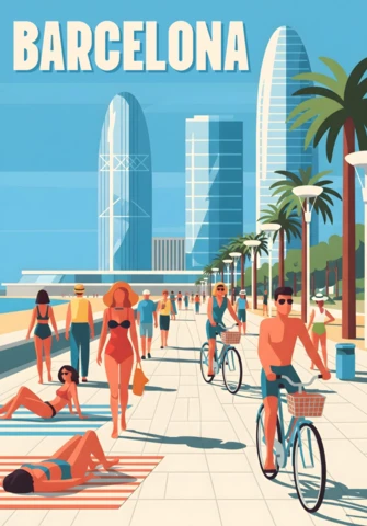 Barcelona Travel Art Sunny Coastal Scene with Cyclists & Sunbathers Posters Design Template