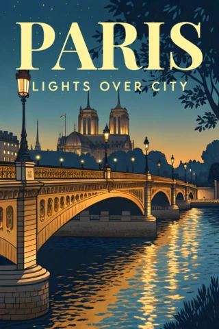 Paris Romantic Night Cityscape Design for Retro Flat Posters Print