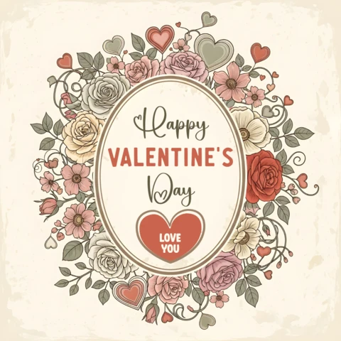 Vintage Floral Valentine's Day Greeting Card Template Design
