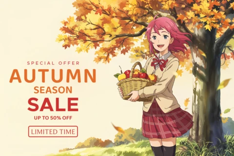 Autumn Sale Design Template with Anime Character and Fall Leaves for Promotional Flyers
