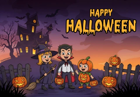 Korkutucu cadılar bayramı tebrik kartı, cadı, vampir ve balkabağı kostümleri giymiş sevimli çocuklar, perili ev ve jack-o'-lantern'lar ile.