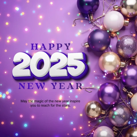 Happy New Year 2025 Purple Ornaments Design Template
