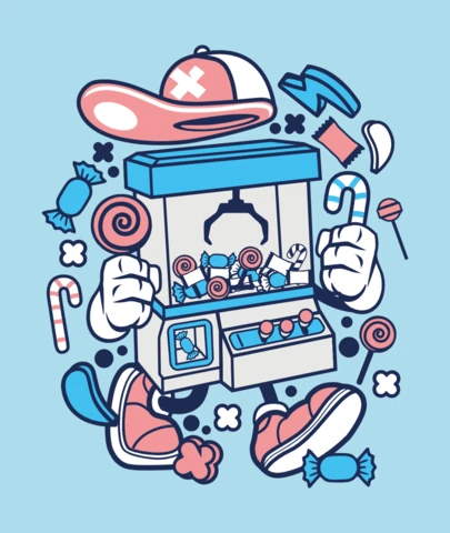 Plantilla de diseño de camiseta con personaje de dibujos animados de máquina de garra de caramelo