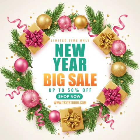 New Year Promotion Template Festive Flyer with Decorative Wreath and Elegant Ribbon Accents