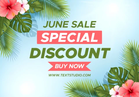 June Sale Discount Banner with Tropical Leaves and Hibiscus Flower Elements