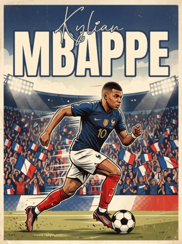 Plakat piłkarski w stylu retro Kylian Mbappé – nostalgiczna francuska ilustracja piłkarska z kibicami machającymi flagami i dekoracją ścienną z atmosferą vintage stadionu