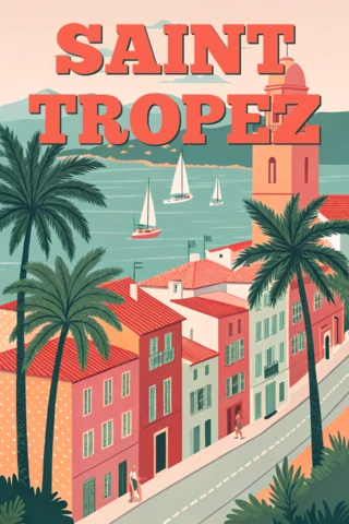 Modelo de design de pôster de viagem retrô apresentando Saint Tropez com palmeiras e veleiros para arte de parede.