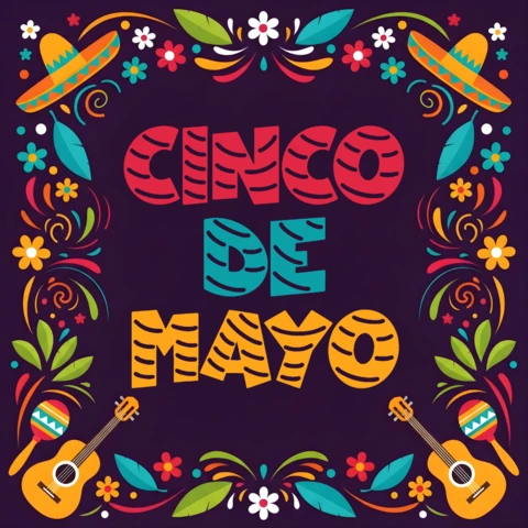 Cinco De Mayo Poster with Sombreros, Flowers, Guitars, for Merch Design with Joyful Decorative Illustration