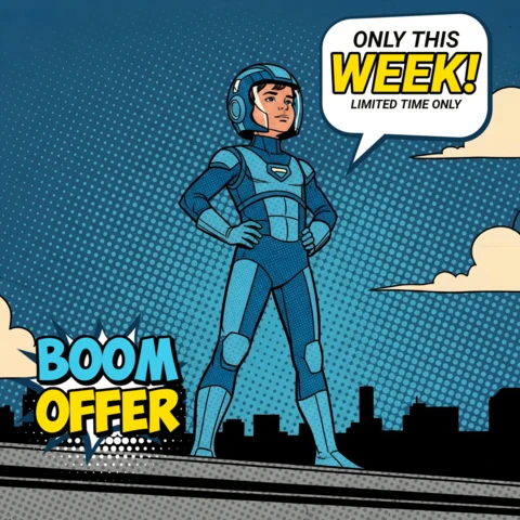 Art de bande dessinée de héros de toit de ville avec un costume bleu et un design de burst en édition limitée pour des flyers promotionnels.