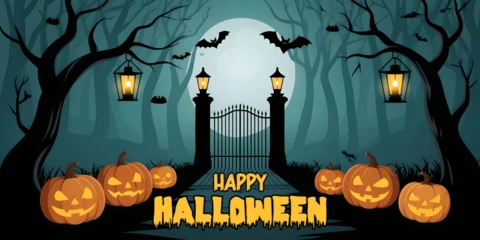 Nebeliger Wald Halloween leuchtende Kürbisse & verfluchtes Tor Facebook Cover Design Vorlage