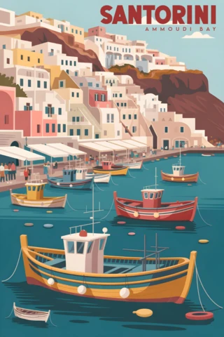 Baia di Ammoudi con barche colorate e villaggio sulla scogliera, modello di design per poster di viaggio a Santorini.