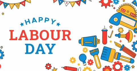 Colorful Labour Day Celebration Template Design with Tools and Gear Graphics