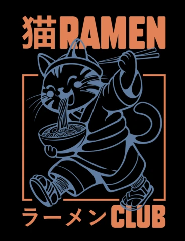 Kawaii Katze, die Ramen japanisches Essen genießt, T-Shirt-Design-Vorlage