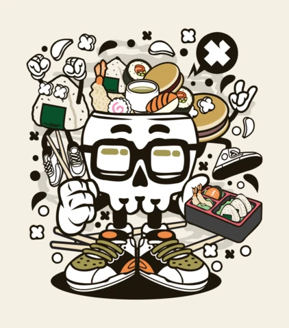 Plantilla de diseño de camiseta con personaje de dibujos animados de calavera de comida japonesa