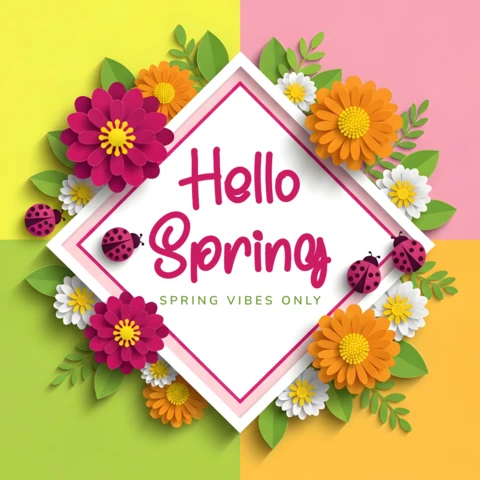 Spring Floral Design Template for Greeting Cards with Colorful Flowers and Ladybugs