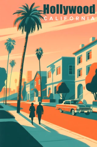 Retro Flat Hollywood California Illustration for Posters Print