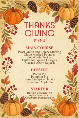 Thanksgiving Menu Template Vintage Design with Pumpkins and Autumn Leaves