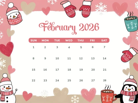 Modelo de calendário do Dia dos Namorados com design fofo de inverno, com bonecos de neve e corações.