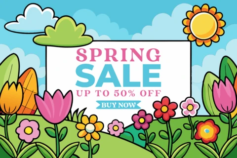 Plantilla de diseño de venta de primavera: promoción con coloridos motivos florales y de la naturaleza
