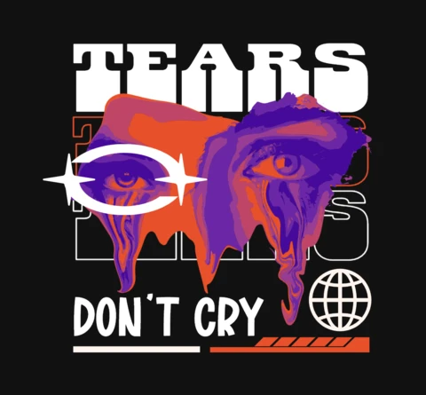 Graphique d'œil fondant avec des larmes et typographie « ne pleure pas » & modèle de design de t-shirt avec symbole étoile