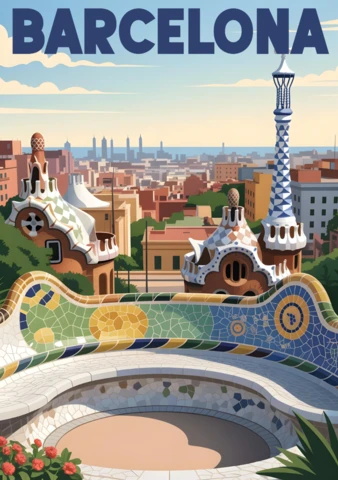 Park Güell Mosaic Bench with City View and Whimsical Rooftops Barcelona Travel Posters Design Template