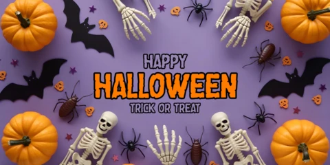 Halloween Skeleton Pumpkins, Bats & Creepy Crawlers On Purple Background YouTube Cover Design Template