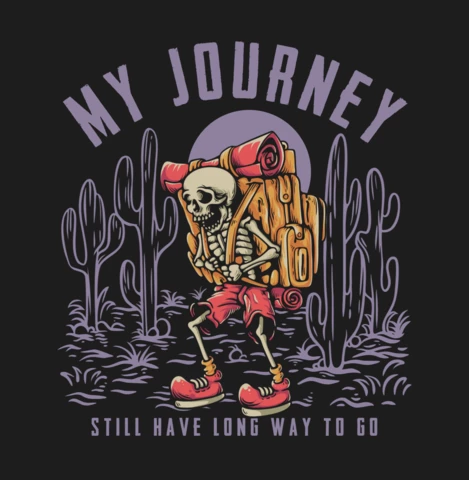 Modello di disegno di t-shirt vintage con illustrazione dello scheletro dell'escursionista