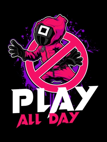 Spielen sie den ganzen tag squid spiel parodie mit charakter t-shirt design vorlage