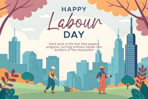 Modelo editável de feliz dia do trabalho - design plano com paisagem urbana