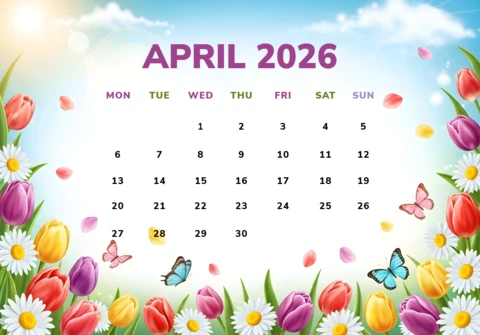 Pôster do calendário de abril de 2026 — céu azul brilhante com tulipas, margaridas e design decorativo alegre