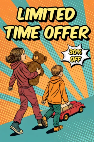 Plantilla de diseño de arte pop retro para cartel de venta de niños con oferta por tiempo limitado