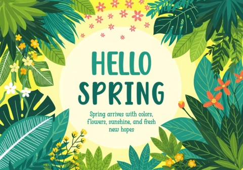 Spring Floral Design Template for Greeting Cards with Vibrant Leaves and Flowers