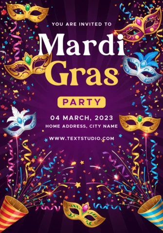 Modèle d'invitation à une fête de Mardi Gras avec des masques colorés et un design festif.