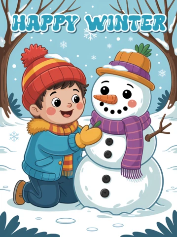 Plantilla de diseño de invierno maravilloso para tarjeta de saludo infantil con muñeco de nieve y niño.