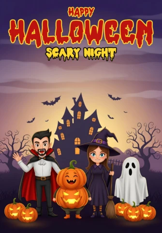 Halloween gruselige Nacht Flyer Spukhaus Szene mit Vampir, Hexe, Geist und Kürbis Charakteren Designvorlage für festliche Anlässe