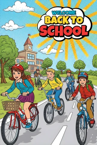 Welcome Back to School Children Riding Bicycles Toward School with Sunburst Background Poster Design Template