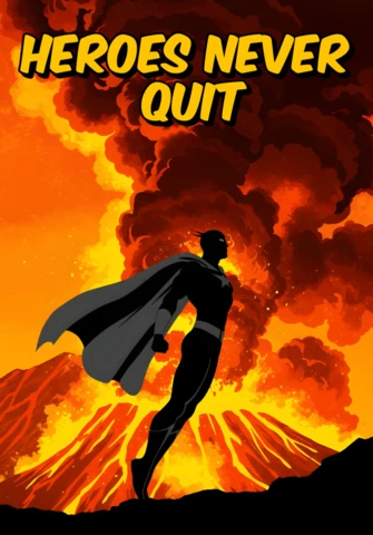 Heroes Never Quit Superhero Silhouette Amid Volcanic Eruption Poster Design Template