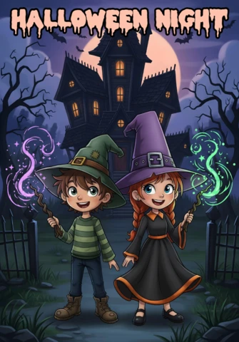 Zauberer- und Hexenkinder, die Zauber in einer Spukhaus-Szene an Halloween-Nacht wirken, Flyer-Designvorlage für festliche Anlässe.