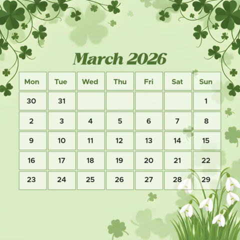March 2026 Decorative Calendar Poster with Shamrocks, Clovers, and St. Patrick’s Day Theme