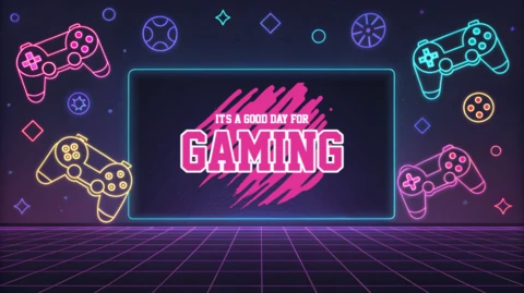 Neon Gaming Design Template with Controllers and Retro Style