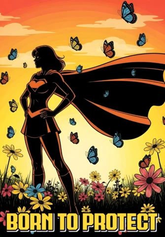 Geboren um zu schützen Superhelden-Silhouette mit Sonnenuntergang und Schmetterlingen Poster-Design-Vorlage